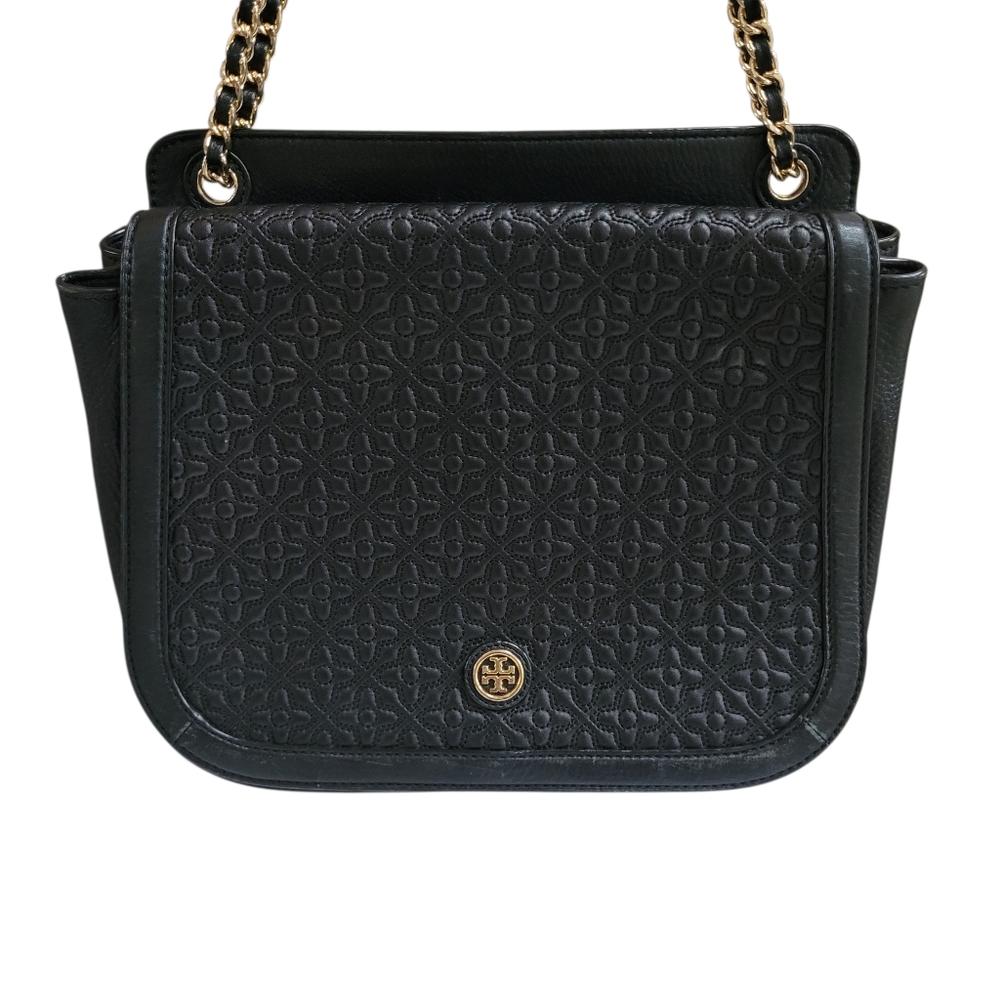 Tory Burch Bryant Quilted Convertible Shoulder Bag in Black Pebbled Leather